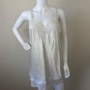 Vintage White Satin Floral Lace Trim Slip Dress Babydoll Cottage Core Coquette